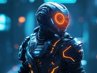 Fototapeta premium Cyberpunk Sentinel: A futuristic image showcasing a robotic sentinel, immersed in a neon-lit cityscape, embodying themes of advanced technology and a digital aesthetic.
