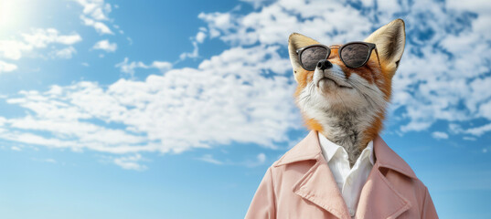 Fox with Sunglasses on Blue Sky with Clouds: Anthropomorphic Fox wearing Sunglasses and Pink Jacket on Panoramic Sky Background with Copy Space