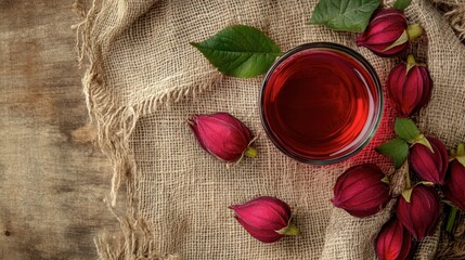 Fototapeta premium Refreshing Hibiscus Tea with Rose Buds on Rustic Burlap Background