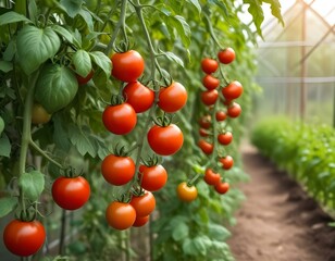 Fresh bunch of red natural tomatoes on branch in organic home vegetable garden. Ripe tomato plant growing in greenhouse. Organic farming, healthy food, BIO viands, back to nature concept