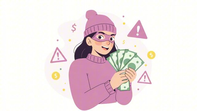  Cartoon woman with money smiling mischievously