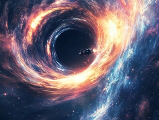 Obraz premium Journey into the Abyss: A spacecraft bravely navigates the cosmic unknown, approaching the swirling vortex of a black hole, a scene of captivating scale and wonder.