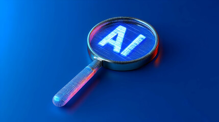 Magnifying Glass Reveals Glowing Ai Text on Dark Blue Background for Technology Innovation Concept