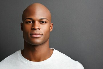 Obraz premium Photo taken up close of a man with dark skin, looking directly at the camera with sincere eyes and a shiny shaved face, wearing a white t-shirt and isolated on a grey background