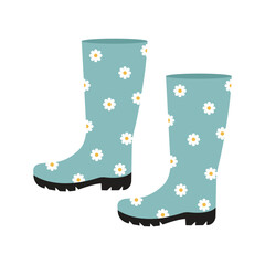 Blue rubber boots with daisies. Vector isolated illustration.