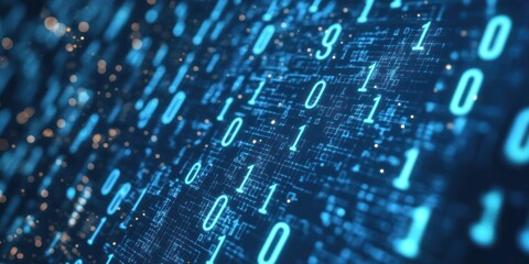 Digital background with binary code zeros and ones in blue color.