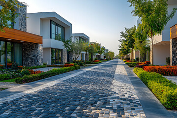 Fototapeta premium Modern residential street lined with contemporary houses and vibrant landscaping under clear sky