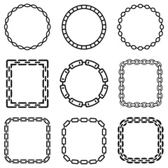 Cartoon metal different chain borders and frames. Isolated on white background. Vector Black silhouettes  icon set.