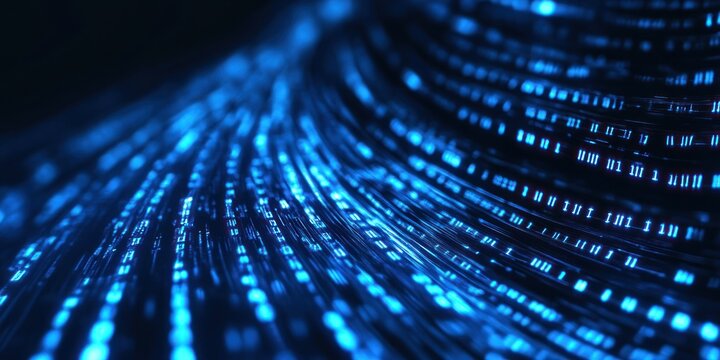 Abstract blue light streams flowing in a dark space digital data concept.