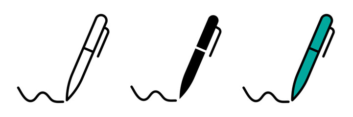 Pen signing , write icon. line and glyph version, linear and full pictogram stroke filled and colored icon set.