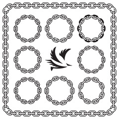 Cartoon metal different chain borders and frames. Isolated on white background. Vector Black silhouettes  icon set.