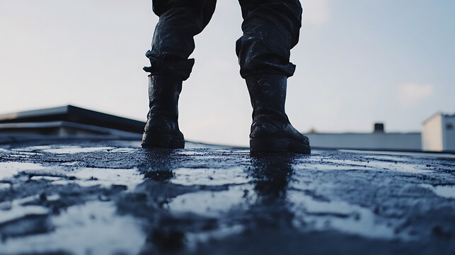 Roofing contractor applying roofing tar to a flat roof. Featuring roofing tar application