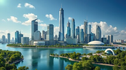 Obraz premium Modern skyline with water and greenery in the foreground.