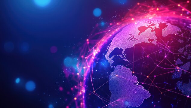 Digital globe with glowing network connections against a dark blue background. - Powered by Adobe