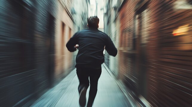 Man Running Fast Through Urban Alleyway with Motion Blur and Speed