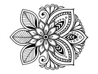 Vector abstract mandala pattern with flowers in a doodle style. Anti-stress coloring book page for adults