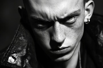 A dramatic black and white portrait of a male figure standing out against a black background