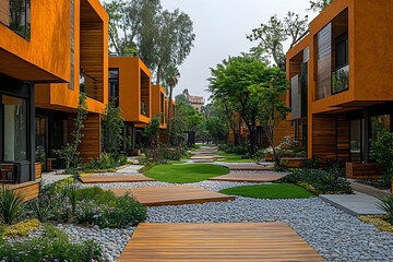 Fototapeta premium Modern eco-friendly housing complex with vibrant orange facades and lush landscaping, showcasing tranquility