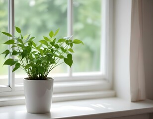 Fototapeta premium Fresh green plant with thin leaves in a vase on the white windowsill. home comfort. selective focus.