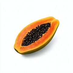 Halved papaya fruit with seeds on white background