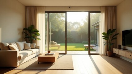 Fototapeta premium Bright and airy living room with warm lighting and contemporary furniture for a cozy atmosphere