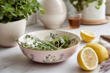 shallow bowl with pastel floral pattern, styled with fresh herbs and lemon slices.