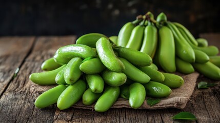 Fresh Green Bananas Piled on Wooden Table with Natural Lighting