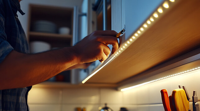 Electrician installing LED lighting under kitchen cabinets. Highlighting home automation and lighting upgrades