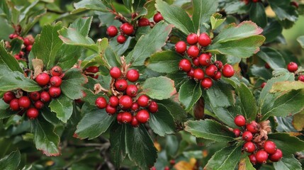 Obraz premium Vibrant Red Berries on Green Leaves of a Bush or Shrub Plant