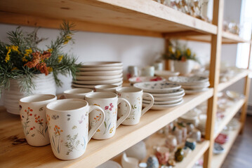 Fototapeta premium light-colored open shelf with a mix of floral-patterned plates and cups