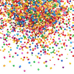 Assorted round and geometric confetti shapes scattered on a Transparent Background for party decorations