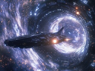 Starship's Cosmic Voyage: An artist's rendering showcases a sleek spacecraft traversing a mesmerizing cosmic tunnel amidst celestial wonders.