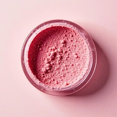 Macro shot of pink blush powder in a compact container with subtle glitter, glitter, compact