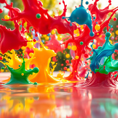  bright ink drops scattered in all directions
