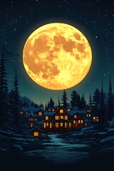 Winter Village, Full Moon, Night Sky