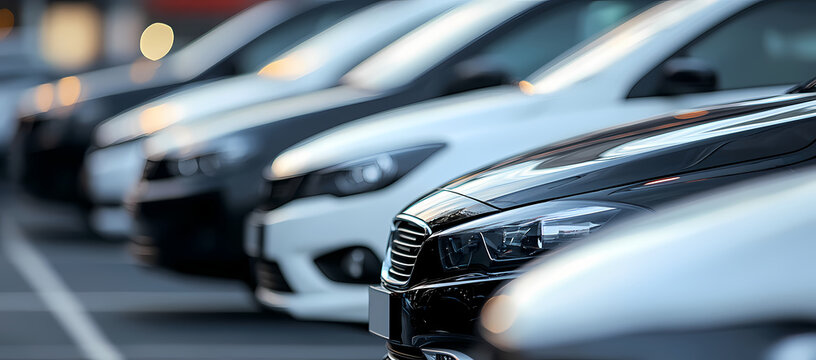Fleet of Cars: A neat collection of various cars, parked together. Captured from a close-up perspective, the image showcases different car designs and their positioning.