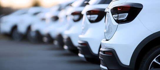Automotive Fleet: A sleek row of modern vehicles is meticulously arranged in a parking lot.