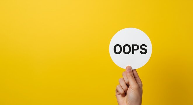 Holding a Circle with 'oops' on Yellow Backdrop for Mistake Concept