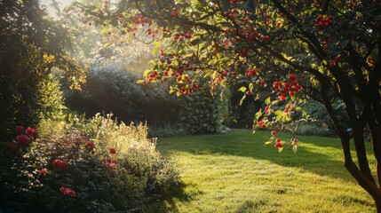 Naklejka premium Serene Garden Scene with Lush Green Grass and Red Apples