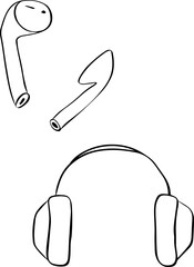 Headset white background. Wireless audio ear headphone illustration. Headphones vector graphic line ink illustration. Listen audio electronic device. For logo, web, package, sticker.