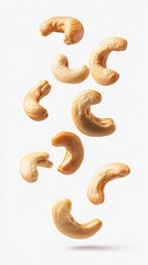 Cascading Cashew Nuts in Air Against a Light Background