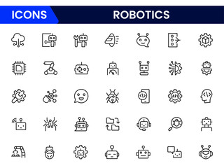 Robotics & Automation Icons vector illustration with thin line editable stroke containing data science, algorithm, chatbot, automation, machine learning, neural networks, face.
