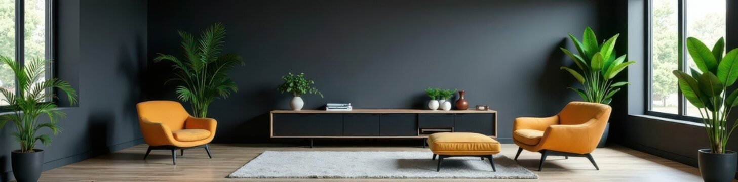 Modern office Zoom background Dark grey wall, stylish furniture, lush plants , chair, clean