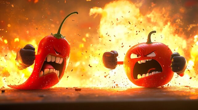 Chili peppers and tomatoes with gloves and animated expressions facing off in a playful battle made with Generative AI technology