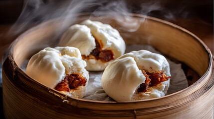 Delicious Steamed Char Siu Bao with BBQ Pork Filling in Bamboo Steamer with Steam Rising