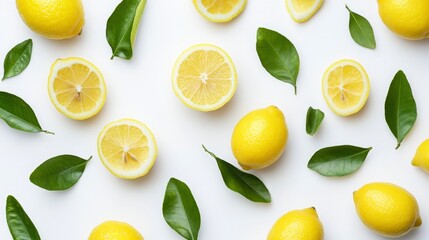 Fresh Lemons and Green Leaves on a White Surface for Natural Flavor