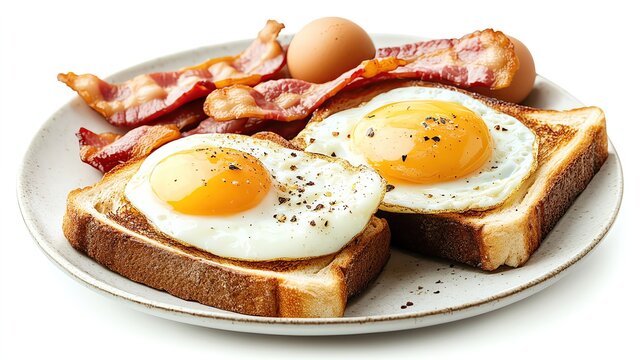 Isolated on white vintage breakfast composition featuring buttered toast, fried egg and bacon in retro handdrawn illustration style