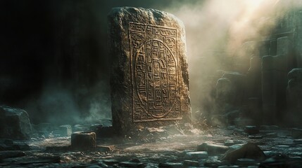 Ancient Stone Tablet Engraved with Hieroglyphs in Misty Ruins Exploration