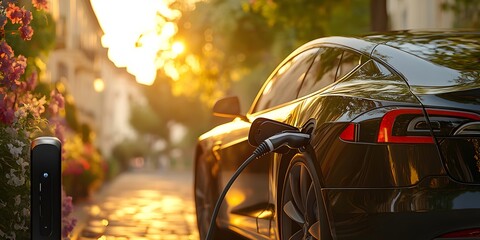 Black electric car charges at sunset, plug inserted into its port, with warm golden light illuminating the scene and a softly blurred residential background.  