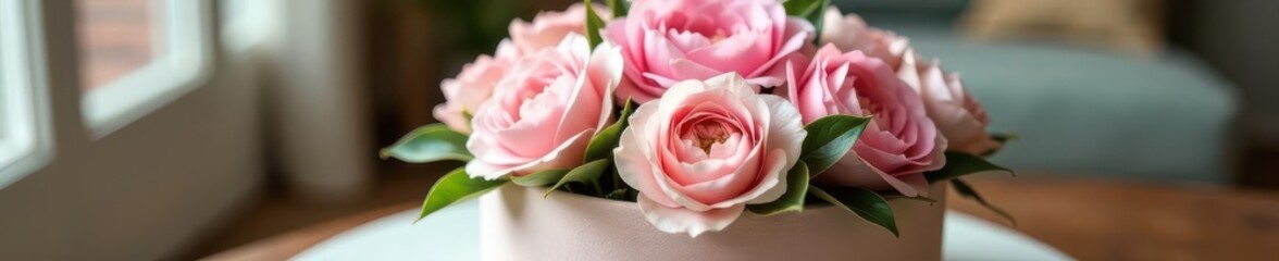 Round luxury flower box, pastel peonies and roses Elegant interior decor , decoration, delicate